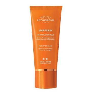 Institut Esthederm Adaptasun Face Cream 50 ml front view, Institut Esthederm Adaptasun Face Cream 50 ml product application Institut Esthederm Adaptasun Face Cream - Moderate Sun | 50 ml Institut Esthederm Adaptasun Face Cream | 50 ml institut-esthederm, face-cream, sensitive-skin, moderate-sun, self-tanner, skincare, bronzing-cream, hydration, sun-protection, ai-generated