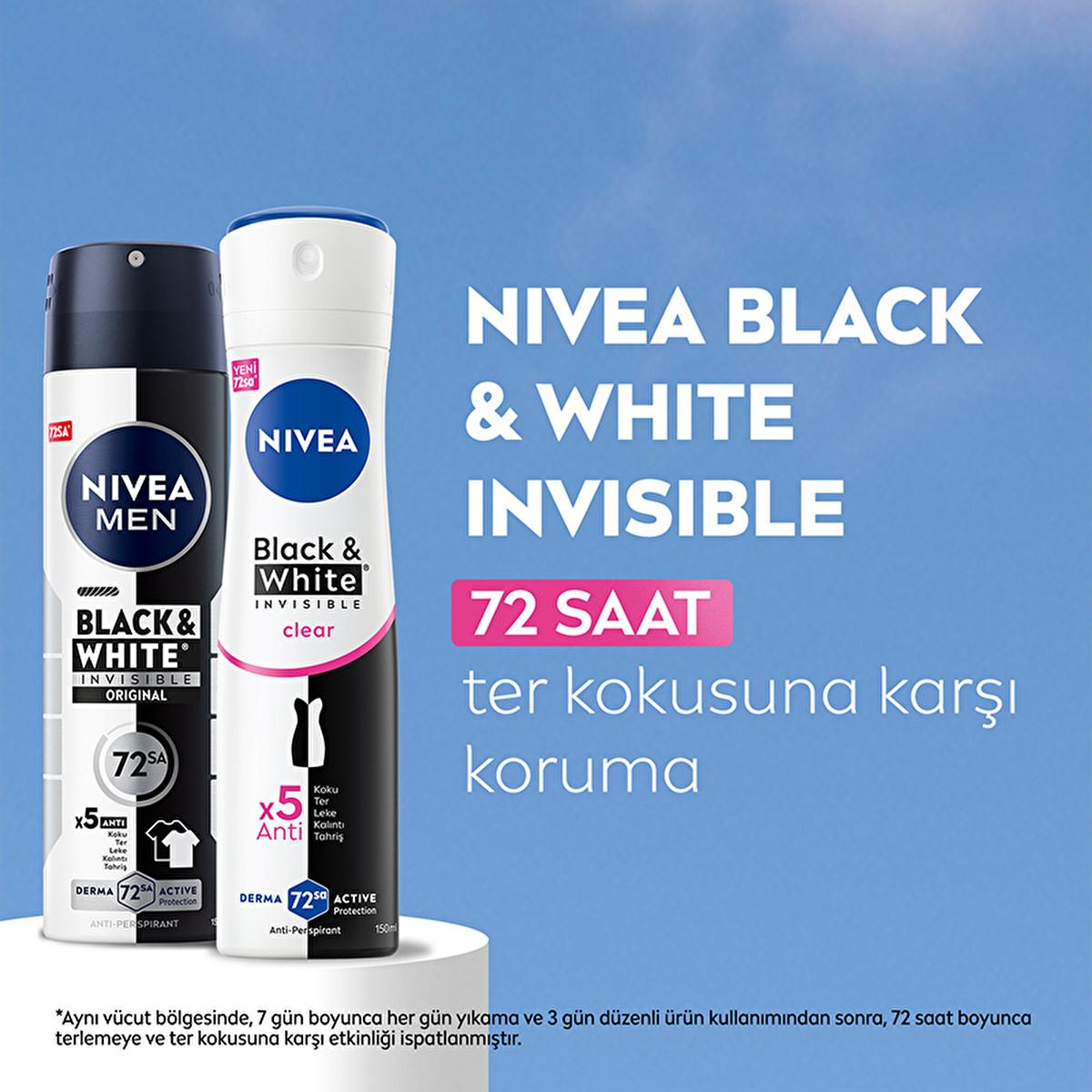 Nivea Women's Deodorant Spray Black & White Clear - 72 Hour Anti-Perspirant Protection, Dermatologically Tested, No White Marks or Yellow Stains Nivea Black & White Clear Deodorant - 72hr Protection women's deodorant spray,Nivea Black & White Clear,anti-perspirant deodorant,72-hour protection,dermatologically tested deodorant,women's personal care,freshness,confidence,active lifestyle,sensitive skin,ethanol-free,deodorant for women,long-lasting protection,anti-sweat,deodorant spray,personal hygiene,cosmetic