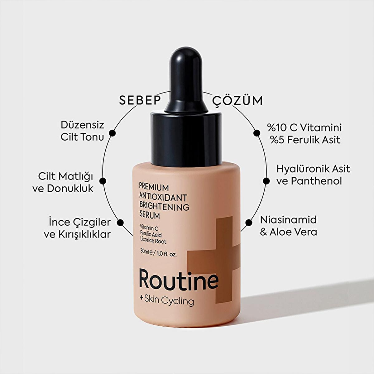 Routine+ Brightening Serum bottle, Close-up of Routine+ Brightening Serum texture, Application of Routine+ Brightening Serum on skin Routine+ Brightening Serum - 10% C Vitamin & 5% Ferulic Acid for Adults & Beauty Enthusiasts | 1.01 fl oz Routine+ Brightening Serum - 10% C Vitamin & 5% Ferulic Acid routine+, brightening-serum, vitamin-c, ferulic-acid, skincare, anti-aging, vegan-beauty, clean-beauty, radiant-skin, ai-generated