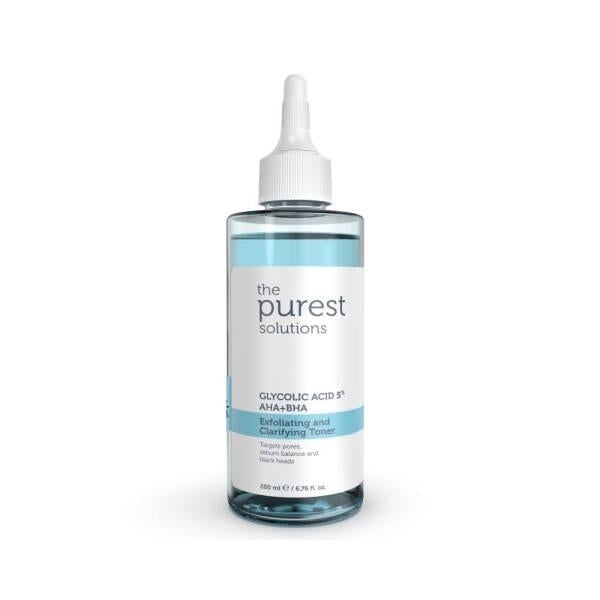 The Purest Solutions Exfoliating and Clarifying Toner 200ml - Glycolic Acid 5%, AHA + BHA Formula for Smoother Skin - Toner