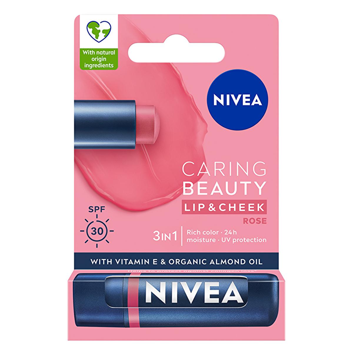 nivea colored lip care cream rose 4.8g, natural ingredients e vitamin shea butter almond oil, woman applying nivea lip care cream NIVEA Colored Lip Care Cream Rose - SPF30 Protection for Women | 4.8g NIVEA Colored Lip Care Cream Rose | SPF30, Hydrating nivea, lip-care, colored-lip-balm, spf30, moisturizing, makeup, women, skin-care, hydration, ai-generated