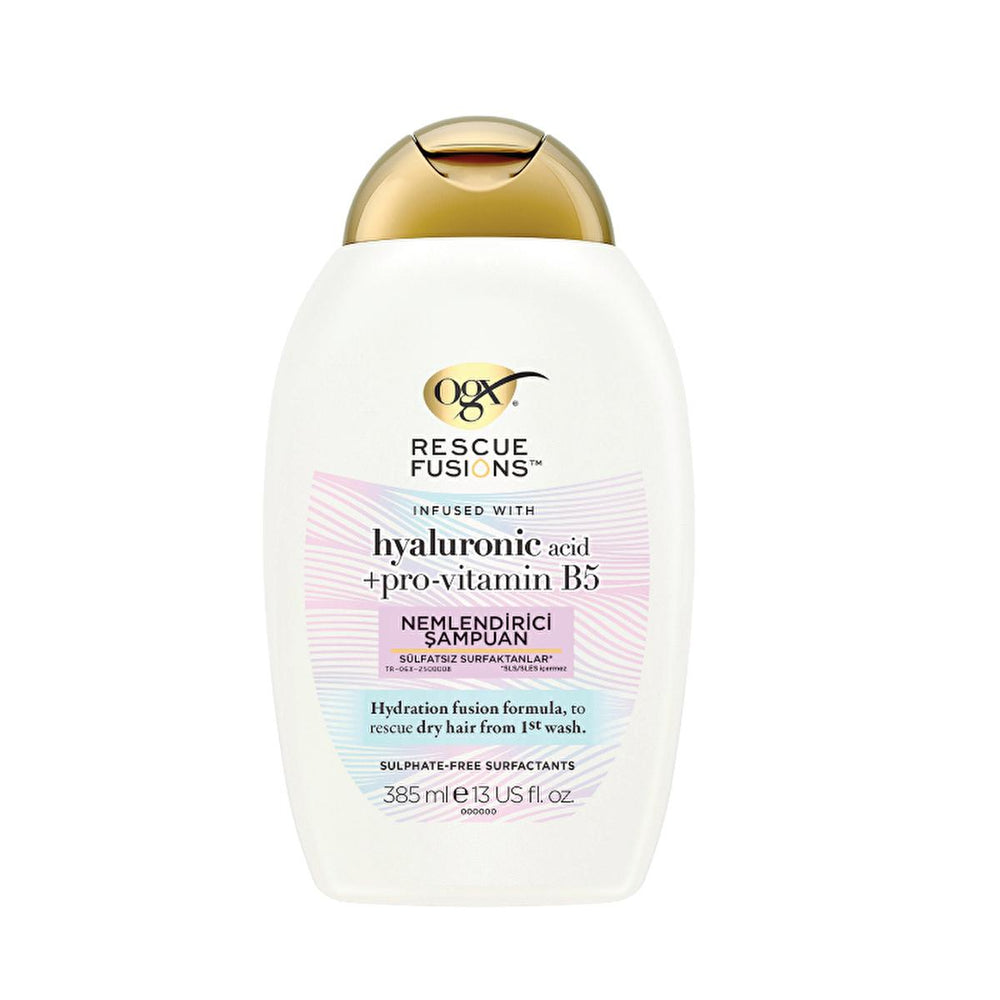 OGX Rescue Fusions Hyaluronic Acid Shampoo: Intense Moisture, Volume & Shine for Dry, Damaged Hair - Hydrating Shampoo for Dry Hair Repair OGX Hyaluronic Acid Shampoo: Moisturize Dry Hair, Boost Volume moisturizing shampoo, dry hair shampoo, hyaluronic acid shampoo, damaged hair repair shampoo, volume boosting shampoo, OGX shampoo, hair hydration shampoo, shampoo for shiny hair, shampoo, hair care, dry hair, damaged hair, hyaluronic acid, Pro-Vitamin B5, moisturizing, volume, shine, hair repair, hydration, 