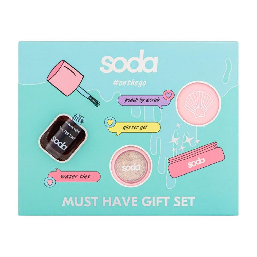 Soda On the Go Makeup Gift Set - Beauty Products for Young Adults, Lip and Cheek Tint, Glitter Gel, Lip - Exfoliator