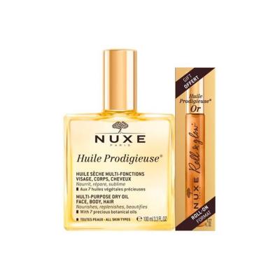 nuxe huile prodigieuse multi-purpose oil set 100ml, nuxe shimmering roll-on dry oil 8ml Nuxe Huile Prodigieuse Multi-Purpose Oil Set - 100 ml + 8 ml Nuxe Huile Prodigieuse Set - Multi-Purpose Oil & Roll-on nuxe, dry-oil, multi-purpose-oil, shimmering-oil, skin-care, hair-care, beauty-products, moisturizing, natural-ingredients, ai-generated