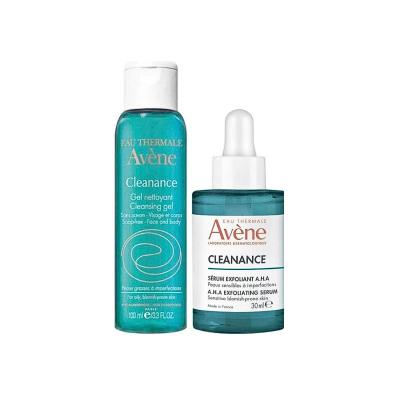 Avene Cleanance A.H.A Exfoliating Serum and Cleansing Gel Kit, Avene Cleanance Cleansing Gel application, Avene Cleanance A.H.A Exfoliating Serum texture Avene Cleanance A.H.A Exfoliating Serum - Cleansing Gel Kit | 30 ml + 100 ml Avene Cleanance Serum & Gel Kit | Oily & Acne-Prone Skin avene, cleanance, exfoliating-serum, cleansing-gel, oily-skin, acne-prone-skin, skincare-kit, vegan, ai-generated, beauty