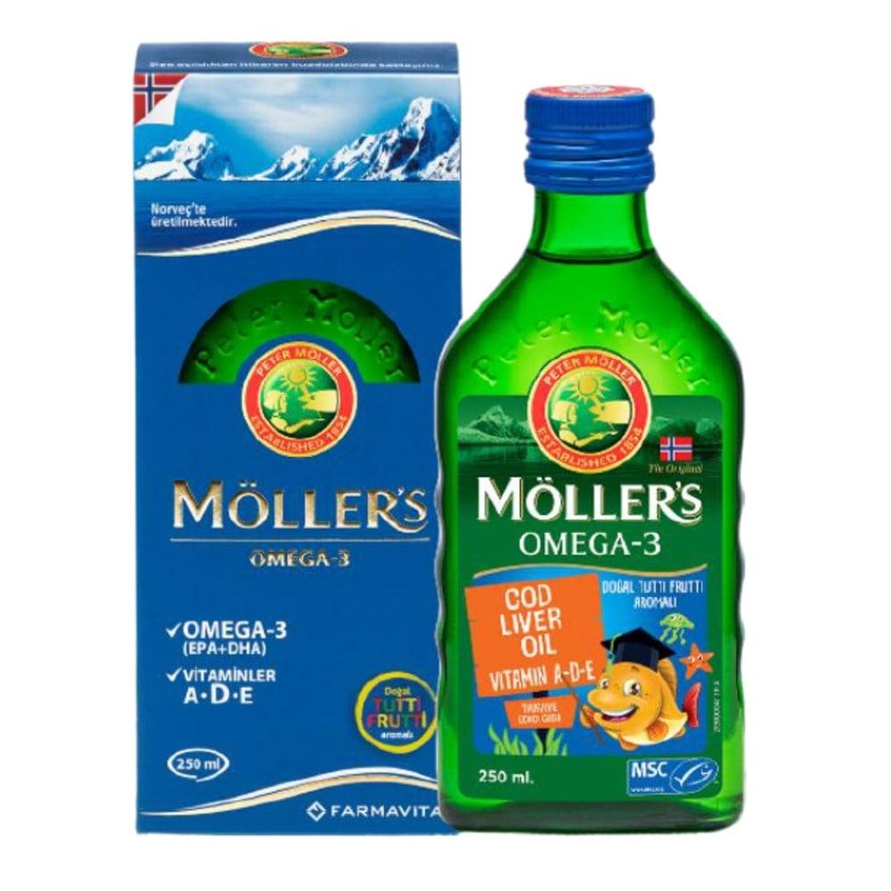Möller's Cod Liver Oil Supplement with Omega-3, Vitamins A, D, E - Tutti Frutti Flavor, 8.45 fl oz Möller's Cod Liver Oil - Omega-3, Vitamins A, D, E (8.45 fl oz) Cod Liver Oil, Omega-3 Supplement, Children's Health Supplement, Vitamin D Supplement, Natural Health Products, Heart Health Support, Brain Development, Immune System Boost, Tutti Frutti Flavor, Liquid Supplement, Molecularly Distilled, Sustainable Fishing, Friend of the Sea Certified, Health and Wellness, Nutritional Support, Dietary Supplement