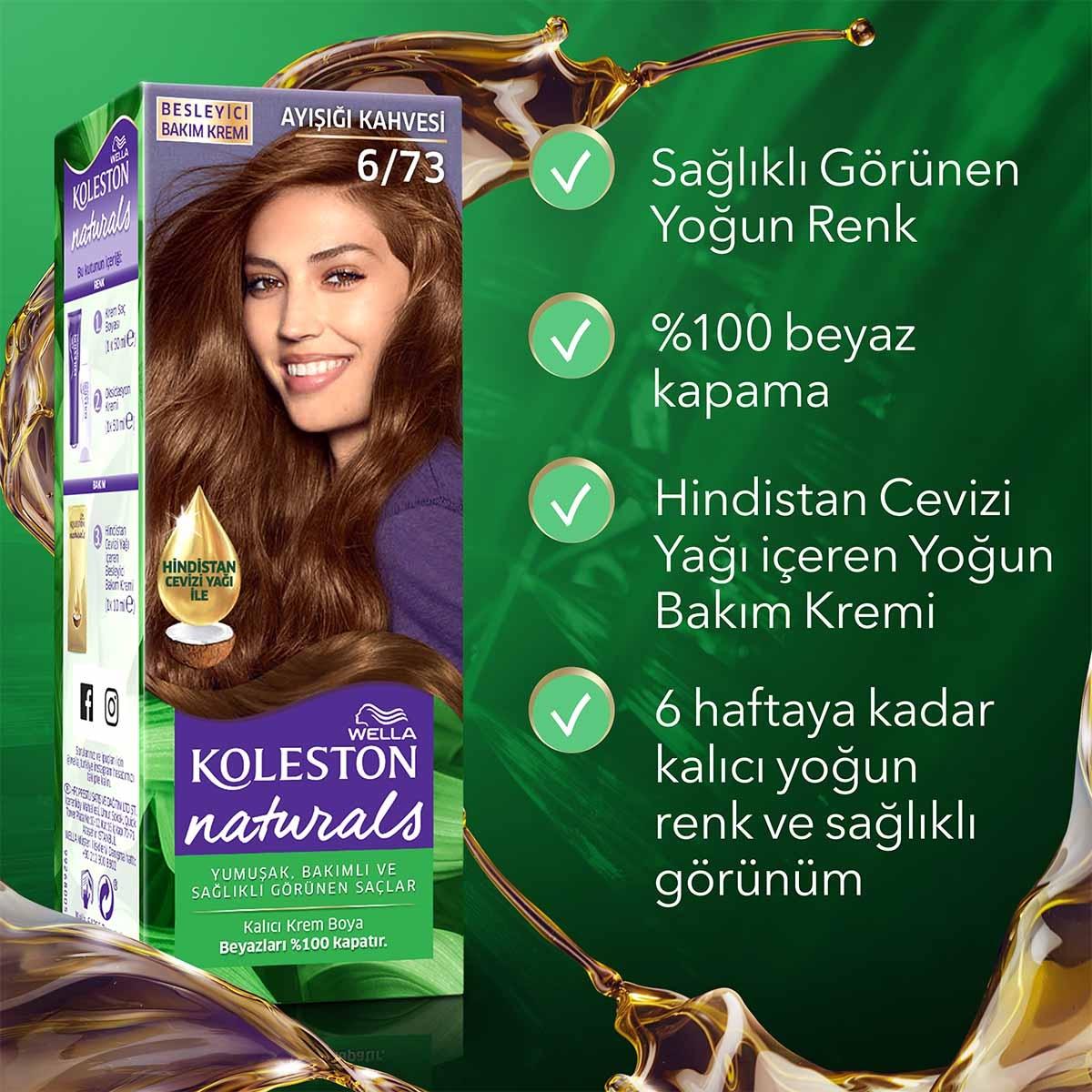 Wella Koleston Naturals Permanent Hair Dye with Coconut Oil - 6/73 Ayışığı Kahvesi Wella Koleston Naturals Hair Dye 6/73 - Nourishing Permanent Color Hair dye, Wella Koleston Naturals, Permanent hair color, Nourishing hair dye, Coconut oil hair dye, Hair coloring, Long-lasting hair color, Hair care, Beauty products