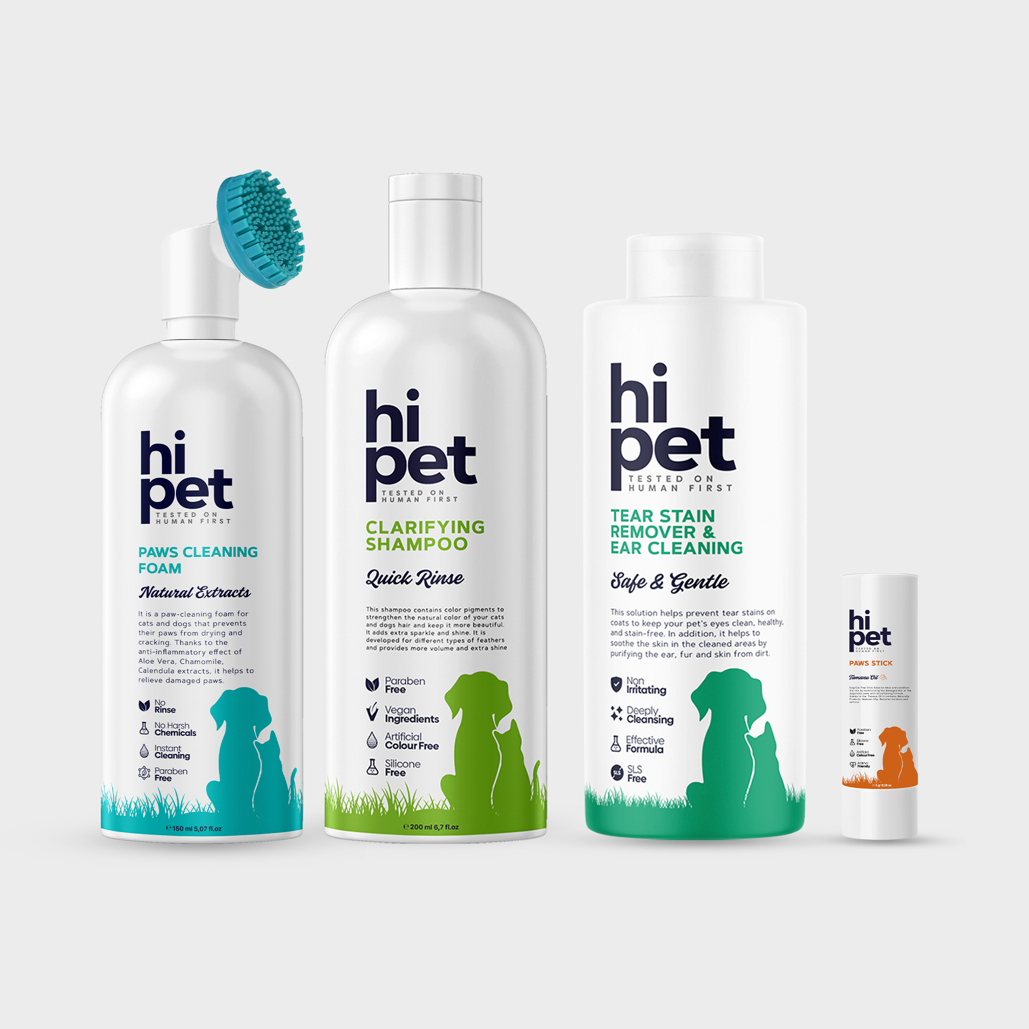 HiPet Effective Cleaning Set, Clarifying Shampoo + Tear Stain &amp; Ear Solution + Paw Cleaning Foam + Paw &amp; Nose Balm, 4-Piece Bundle