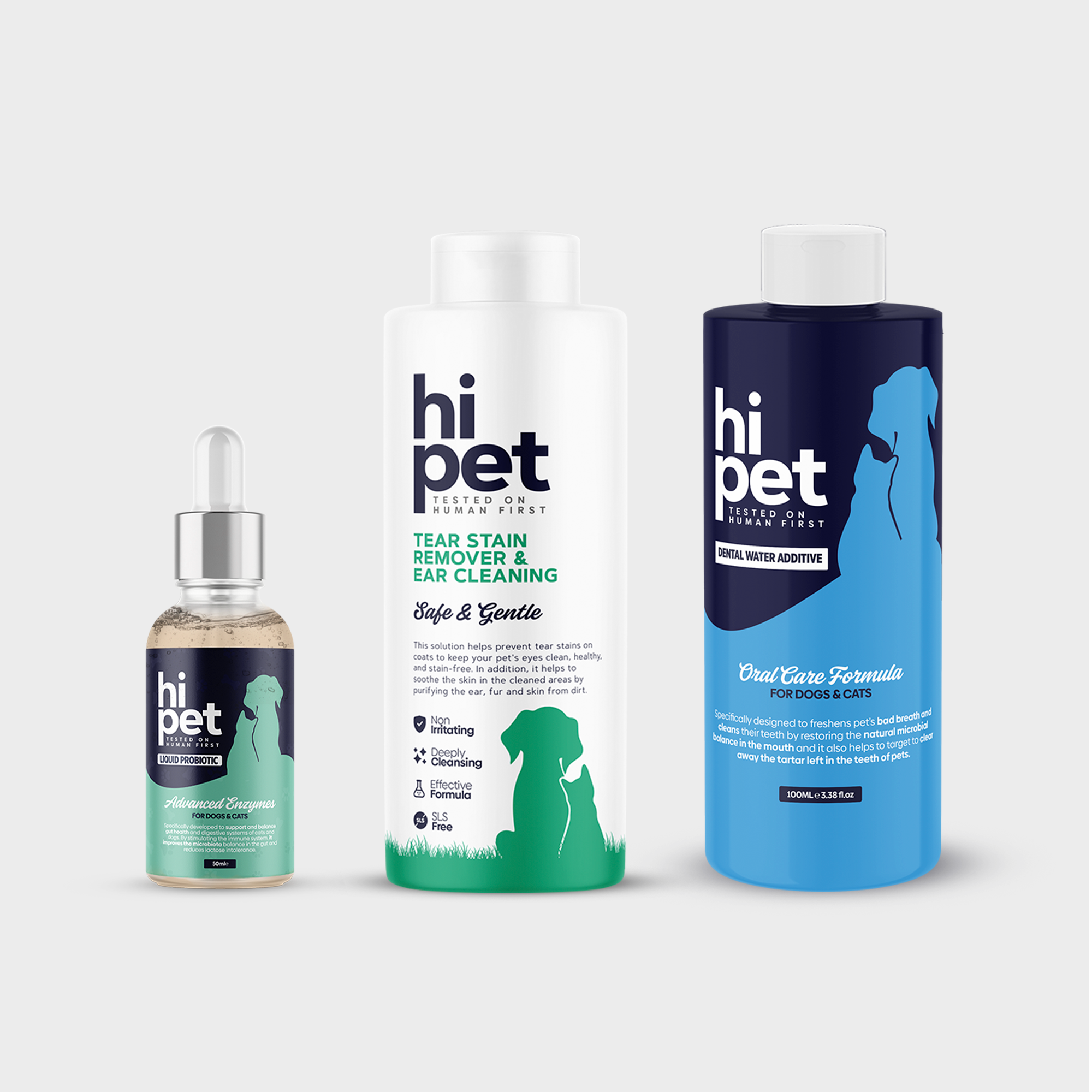 HiPet Daily Care Set, Tear Stain &amp; Ear Cleaning Solution + Oral Care Water + Liquid Probiotic, 3-Piece Bundle