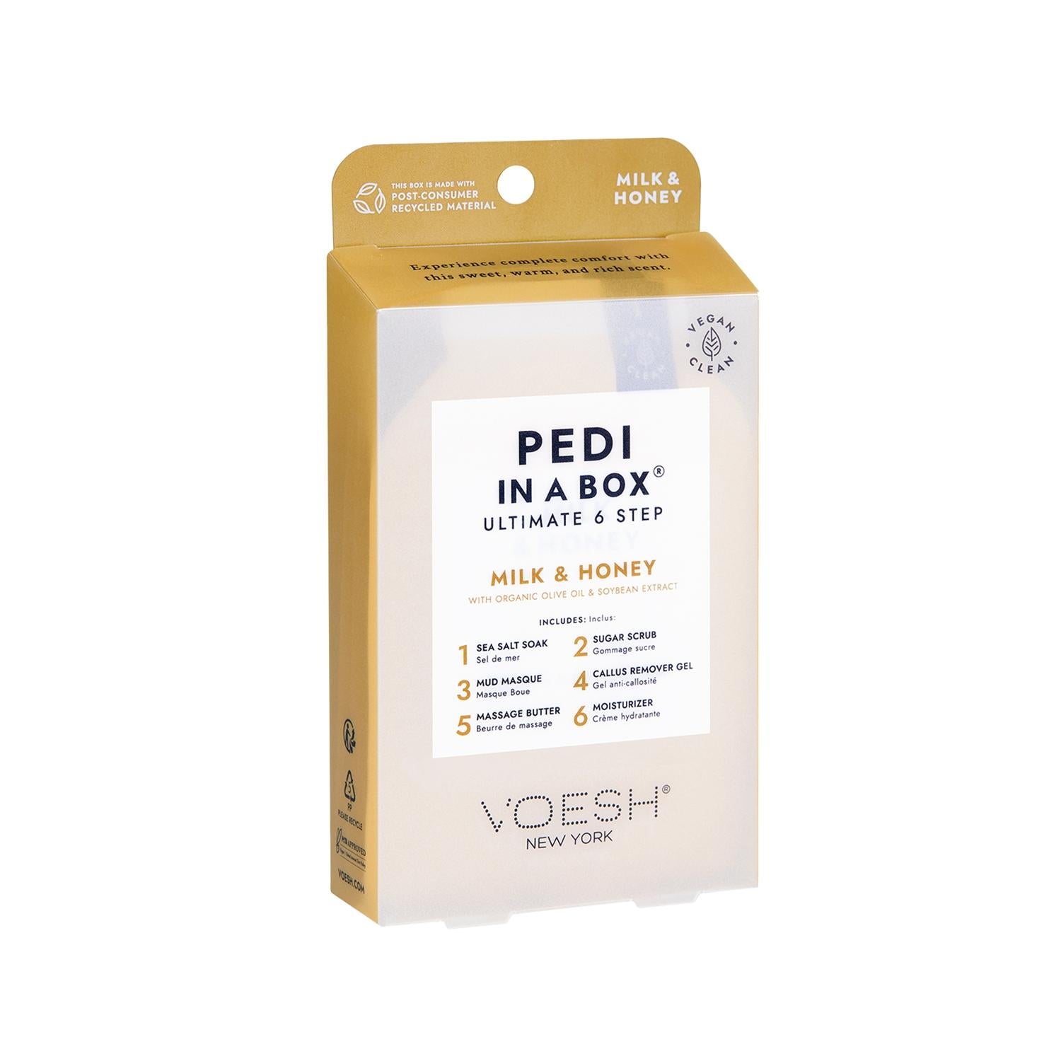 Voesh New York Pedi In A Box Ultimate Pedicure Kit - 6 Step Pedicure Set with Milk & Honey Scent Voesh New York 6-Step Pedicure Kit - Milk & Honey Scented pedicure kit, at-home pedicure, Voesh New York, 6-step pedicure, milk and honey scented, foot care, self-care, beauty products, cosmetic products, gift ideas, personal care, pampering, salon-quality pedicure