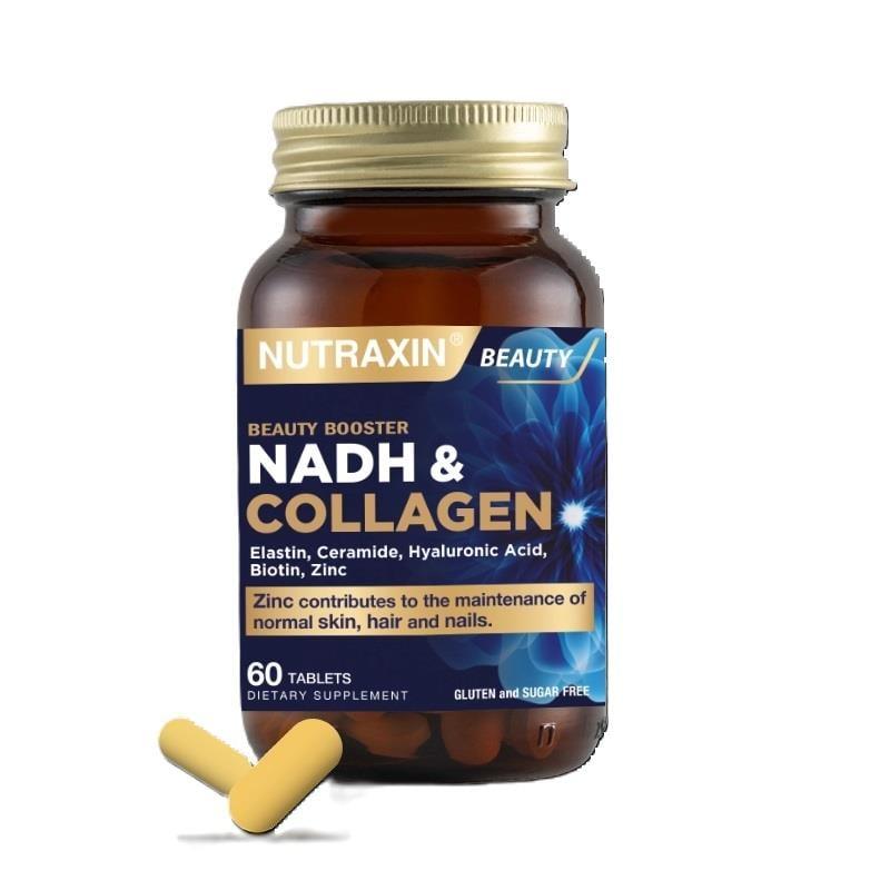 nutraxin-nadh-collagen-60-tablet-bottle, nutraxin-nadh-collagen-tablets-closeup Nutraxin NADH & Collagen - 60 Tablets Nutraxin NADH & Collagen Tablets - 60 Tablets nutraxin, nadh, collagen, skin-health, anti-aging, vitamins, dietary-supplements, beauty, adults, ai-generated