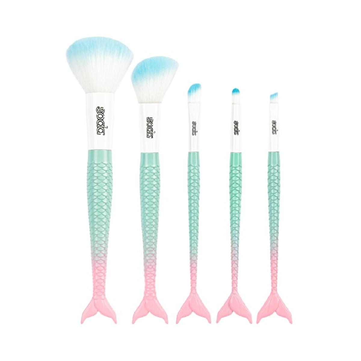 soda mermaid tail makeup brush set display, close-up of soda makeup brushes, soda brush set with mermaid tail handles Soda Mermaid Tail Makeup Brush Set - 5 Brushes for Creative Makeup | Ideal for Travelers and Young Makeup Enthusiasts Soda Mermaid Tail Makeup Brush Set soda, makeup-brush-set, mermaid-tail, travel-friendly, makeup-tools, synthetic-bristles, cosmetic-tools, youthful-makeup, creative-makeup, ai-generated