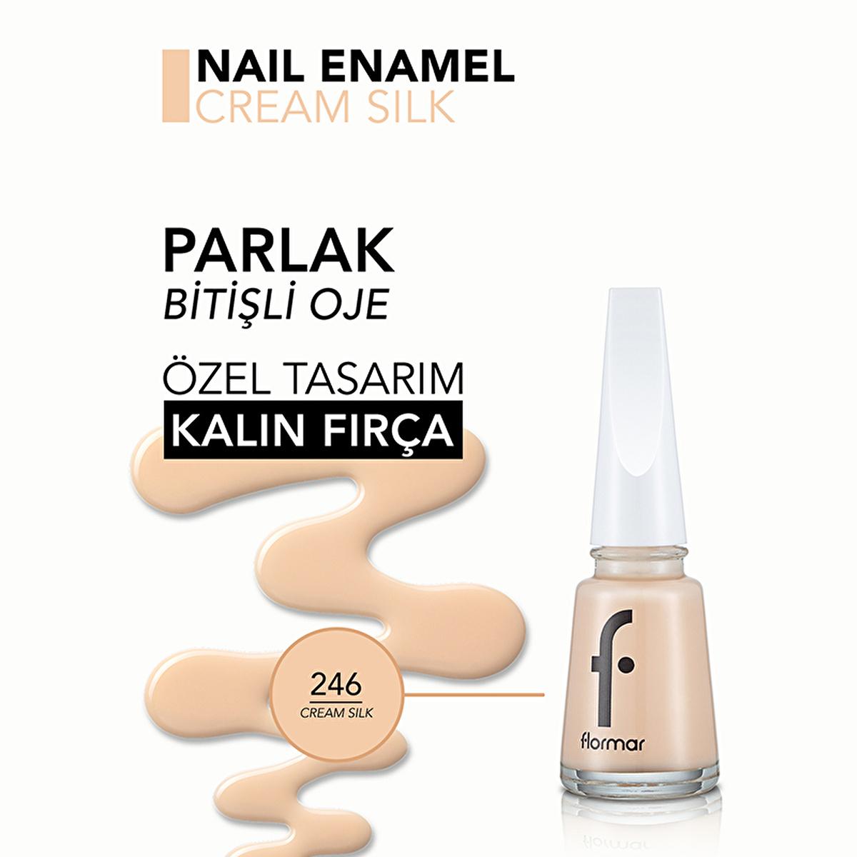 flormar nail enamel 246 cream silk bottle, swatch of flormar nail enamel cream silk Flormar Nail Enamel Yoğun Pigmentli Oje 246 Cream Silk - Intensive Color and Nail Care for Women | 11 ml Flormar Nail Enamel - Cream Silk Color Boost flormar, nail-enamel, cream-silk, intensive-color, women-cosmetics, long-lasting, nail-care, pigmented-nail-polish, bright-finish, ai-generated