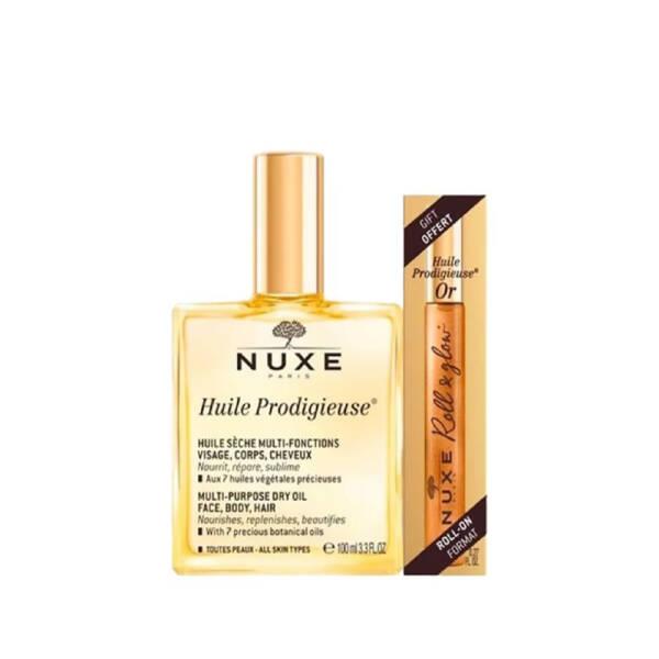 Nuxe Huile Prodigieuse 100ml bottle, Nuxe Prodigieux Or Roll-On 8ml, Nuxe Huile Prodigieuse set with oil and roll-on Nuxe Huile Prodigieuse 100ml + Prodigieux Or Roll-On Set Nuxe Huile Prodigieuse Set - Nourishing Oil Duo | 100ml + 8ml nuxe, huile-prodigieuse, dry-oil, skincare, haircare, moisturizing, beauty-set, luxury-oil, anti-aging, ai-generated