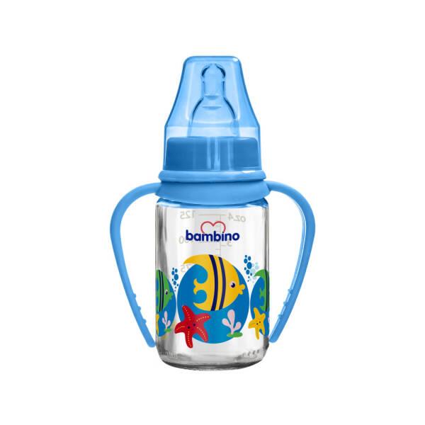 Bambino Glass Baby Bottle 125ml - Blue Fish Design, BPA-Free, Slow Flow Nipple - Baby Care