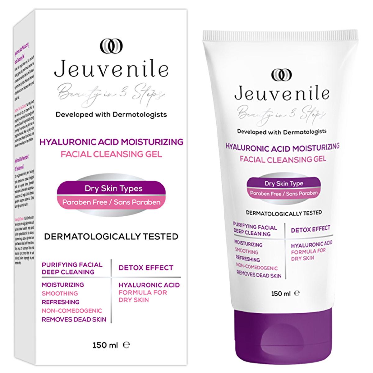 jeuvenile hyaluronic acid facial cleanser bottle, jeuvenile face wash application on skin, jeuvenile face cleaner ingredients close up Jeuvenile Hyaluronic Acid Facial Cleanser - Gentle Cleansing Gel for Dry Skin | 150 ml Jeuvenile Hyaluronic Acid Facial Cleanser - Gentle Formula jeuvenile, hyaluronic-acid, facial-cleanser, dry-skin, gentle-cleanser, skincare, hydration, aloe-vera, daily-use, ai-generated