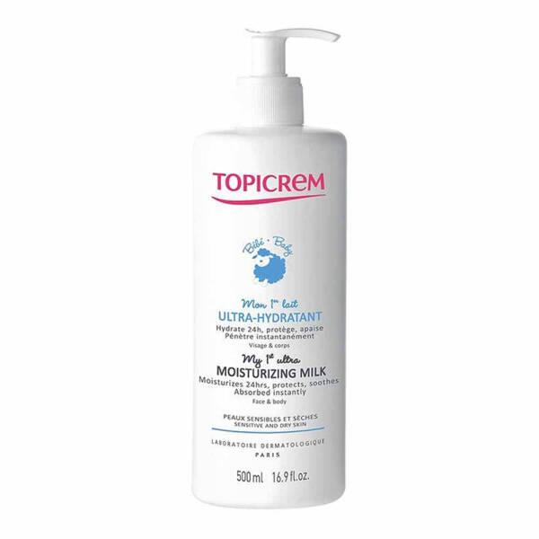 topicrem ultra moisturizing milk 500ml bottle, application of topicrem moisturizing milk on baby skin Topicrem My First Ultra Moisturizing Milk - 500ml Moisturizing Milk for Sensitive Skin | Topicrem topicrem, moisturizing-milk, sensitive-skin, baby-care, hydration, hypoallergenic, paraben-free, skin-moisturizer, parents, ai-generated