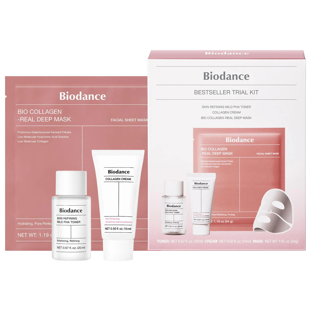 Biodance Skincare Trial Kit - Gentle Exfoliation, Skin Smoothing, and Pore Perfecting for Dewy, Glowing Skin Biodance Skincare Trial Kit - Gentle Exfoliation & Smoothing Skincare trial kit, Biodance skincare, Gentle exfoliation, Skin smoothing, Pore perfecting, Collagen skincare products, Skincare sets, Value sets, Travel skincare, Normal skin, Dry skin, Combination skin, Oily skin, Fine lines and wrinkles, Pores, Dryness, Dewy skin, Glowing skin