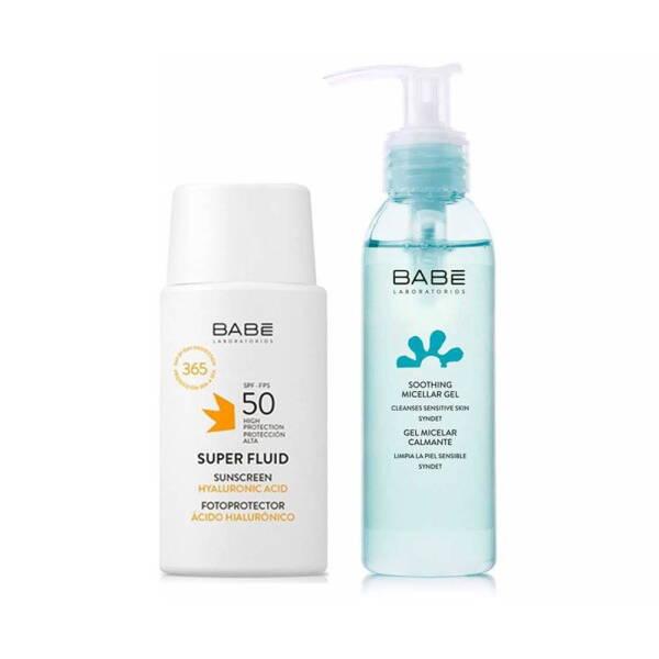 babe super fluid sunscreen spf50 bottle, babe soothing micellar gel tube Babe Super Fluid Sunscreen SPF50 - 50ml | Sensitive Skin Formula Babe Super Fluid Sunscreen SPF50 - Sensitive Skin Friendly babe, sunscreen, spf50, sensitive-skin, skincare, micellar-gel, high-sun-protection, sun-care, ui-gel-cleanser, ai-generated