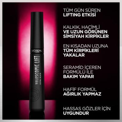 Loreal Paris Telescopic Lift Extra Black Mascara - Long-Lasting, Volumizing, Lengthening Mascara for Dramatic Eye Look Loreal Paris Telescopic Lift Extra Black Mascara - Long Lasting & Volumizing Loreal Paris Mascara, Telescopic Lift Mascara, Extra Black Mascara, Long-lasting Mascara, Volumizing Mascara, Lengthening Mascara, Dramatic Eye Look, Cosmetic, Makeup, Eye Makeup, Mascara, Loreal Paris Telescopic Lift Extra Black, Long Lasting Mascara, Volumizing Mascara, Black Mascara, Panthenol, Keratin, Cosmetic
