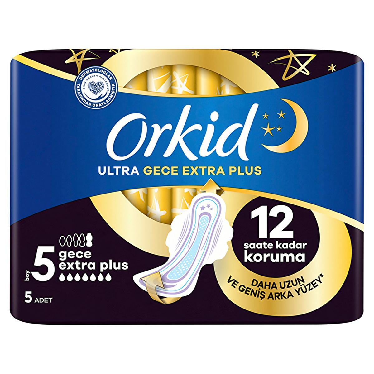Orkid Ultra Gece Extra Plus (Boy 5) - Overnight Hygienic Pads with LeakGuard Technology Orkid Ultra Gece Extra Plus - Best Overnight Hygienic Pads overnight hygienic pads, leakage protection during sleep, dermatologically tested sanitary pads, comfortable menstrual products, women's hygiene products for nighttime, Orkid Ultra Gece Extra Plus, Boy 5, LeakGuard technology, InstantDry system, ComfortFit System, 3-layer protection