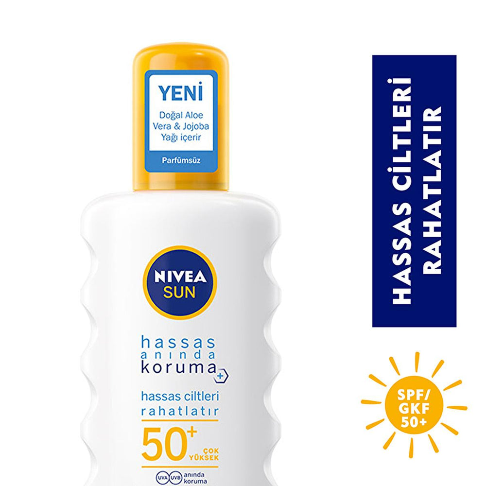 Nivea Sun SPF 50+ Sensitive Immediate Protection Sunscreen Spray: Fragrance-Free, High UVA/UVB Defense for Delicate Skin - Water Resistant Nivea SPF 50+ Sunscreen Spray: Sensitive Skin Protection sunscreen for sensitive skin, SPF 50 sunscreen, fragrance free sunscreen, high protection sunscreen, water resistant sunscreen spray, sunscreen with aloe vera, sunscreen with jojoba oil, Nivea sunscreen, sunscreen spray, sun protection, sensitive skin, high SPF, UVA protection, UVB protection, anti-oxidant, fragran