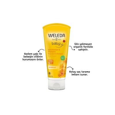 weleda baby calendula shampoo bottle, weleda baby calendula shampoo on towel, weleda baby calendula shampoo ingredients Weleda Baby Calendula Shampoo - Gentle 200 ml Weleda Baby Calendula Shampoo 200 ml baby-shampoo, weleda, calendula, gentle-cleanser, natural-products, parents, organic, sensitive-skin, baby-care, ai-generated