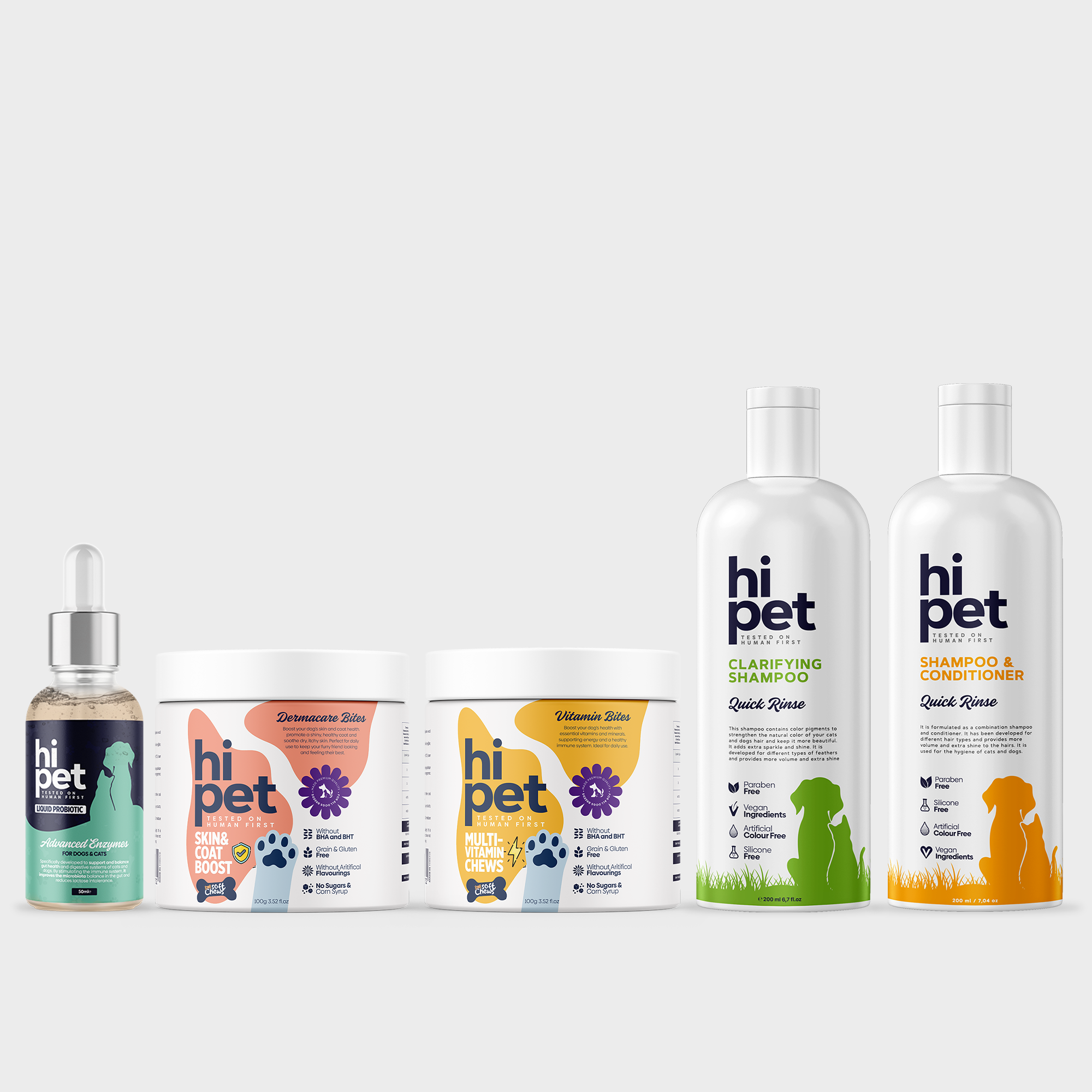 HiPet Coat Health Package for Dogs, Liquid Probiotic + Dermacare Bites + Multivitamin Tablets + Clarifying &amp; Conditioning Shampoo, 5-Piece Bundle