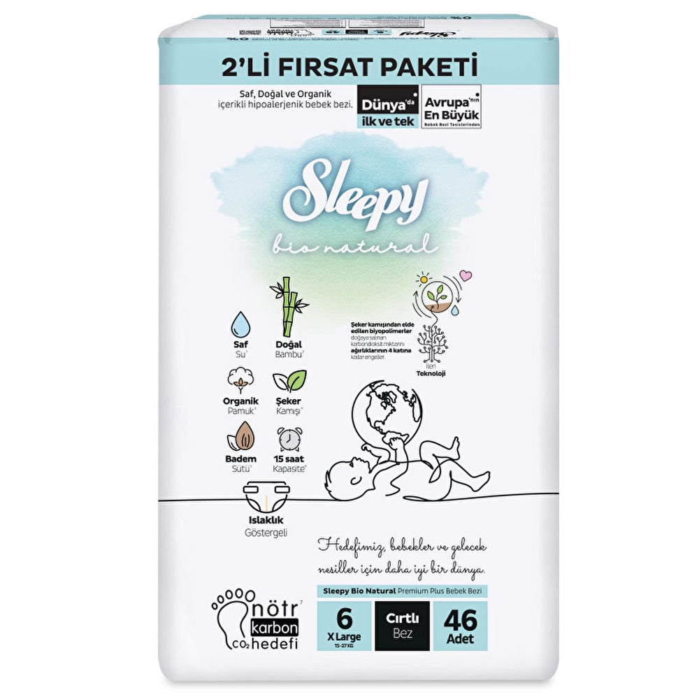 Sleepy Bio Natural Baby Diapers 6 XL Pack - 46 Count for Parents & Caregivers - Baby Care
