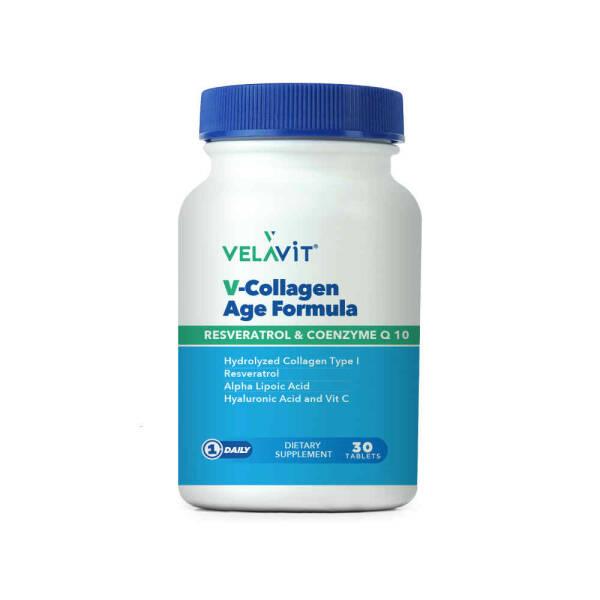 velavit v-collagen age formula supplement tablets, bottle of velavit v-collagen age formula, close up of velavit collagen tablets Velavit V-Collagen Age Formula - 30 Tablets Velavit V-Collagen Age Formula - Anti-Aging Supplement velavit, v-collagen, anti-aging, supplement, skin-health, healthy-aging, adults, dietary-supplement, beauty, ai-generated