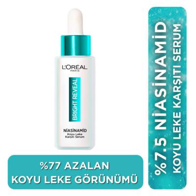 loreal paris bright reveal dark spot treatment serum 30 ml, close up of loreal paris niacinamide serum bottle, application of loreal bright reveal serum on skin L'Oreal Paris Bright Reveal Serum - Dark Spot Treatment | 30ml L'Oreal Paris Bright Reveal Serum - Dark Spot Treatment | 30ml skincare, loreal-paris, dark-spot-treatment, niacinamide-serum, brightening-serum, anti-aging, serum, cruelty-free, skin-brightening, ai-generated