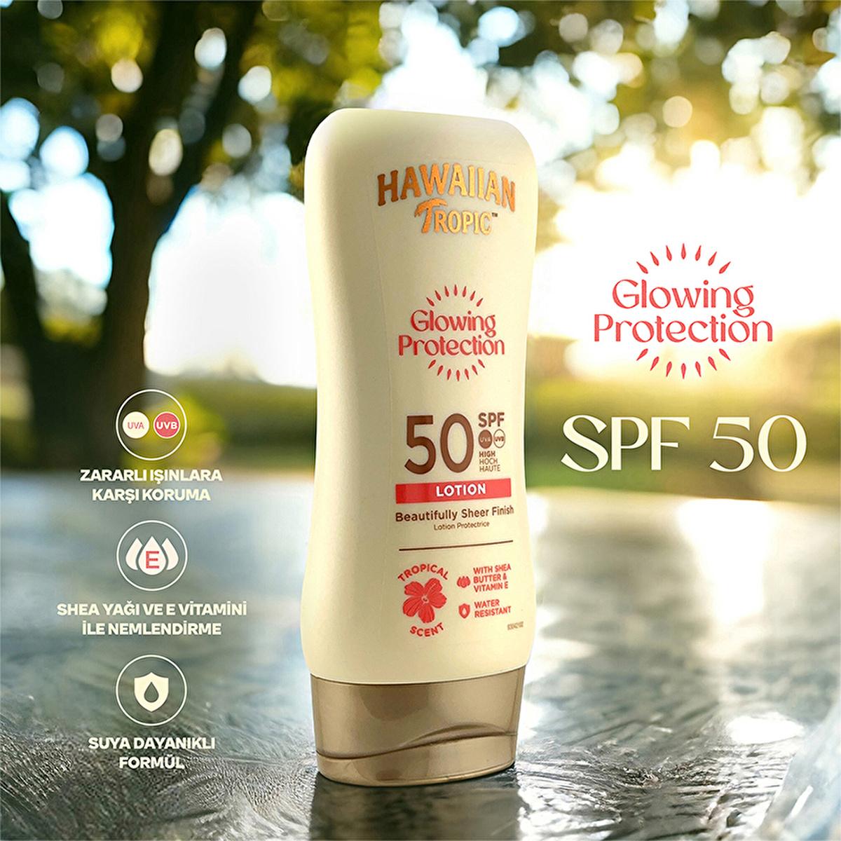 Hawaiian Tropic Glowing Protection SPF 50 Sunscreen Lotion - UVA/UVB, Vegan &amp; Cruelty-Free, Moisturizing - 6.09 fl oz Hawaiian Tropic SPF 50 Sunscreen - Vegan UVA/UVB Protection sunscreen lotion, SPF 50 sunscreen, Hawaiian Tropic sunscreen, vegan sunscreen, cruelty-free sunscreen, UVA UVB protection, water resistant sunscreen, sun protection lotion, sunscreen with shea butter, glowing skin sunscreen, sun protection, moisturizing sunscreen, vegan, cruelty-free, sun damage prevention, anti-aging, skincare, be
