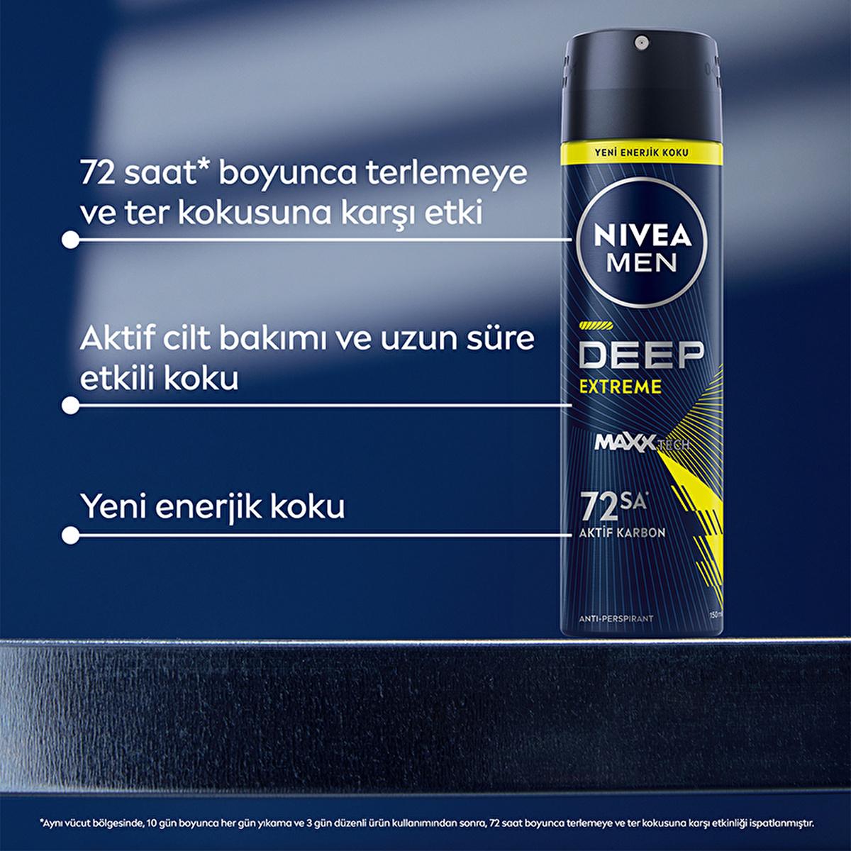 Nivea Men Deep Extreme Deodorant Spray for Men - Long Lasting Anti-Perspirant Protection, 72 Hour Sweat Control, Active Carbon Formula Nivea Men Deep Extreme Deodorant Spray - 72 Hour Protection Nivea Men Deodorant, Deodorant Spray for Men, Long-lasting Anti-perspirant, Active Carbon Deodorant, Dermatologically Tested Deodorant, Men's Grooming, Personal Care, Anti-Perspirant Deodorant, Sweat Control, Odor Protection, Active Lifestyle, Sports Deodorant