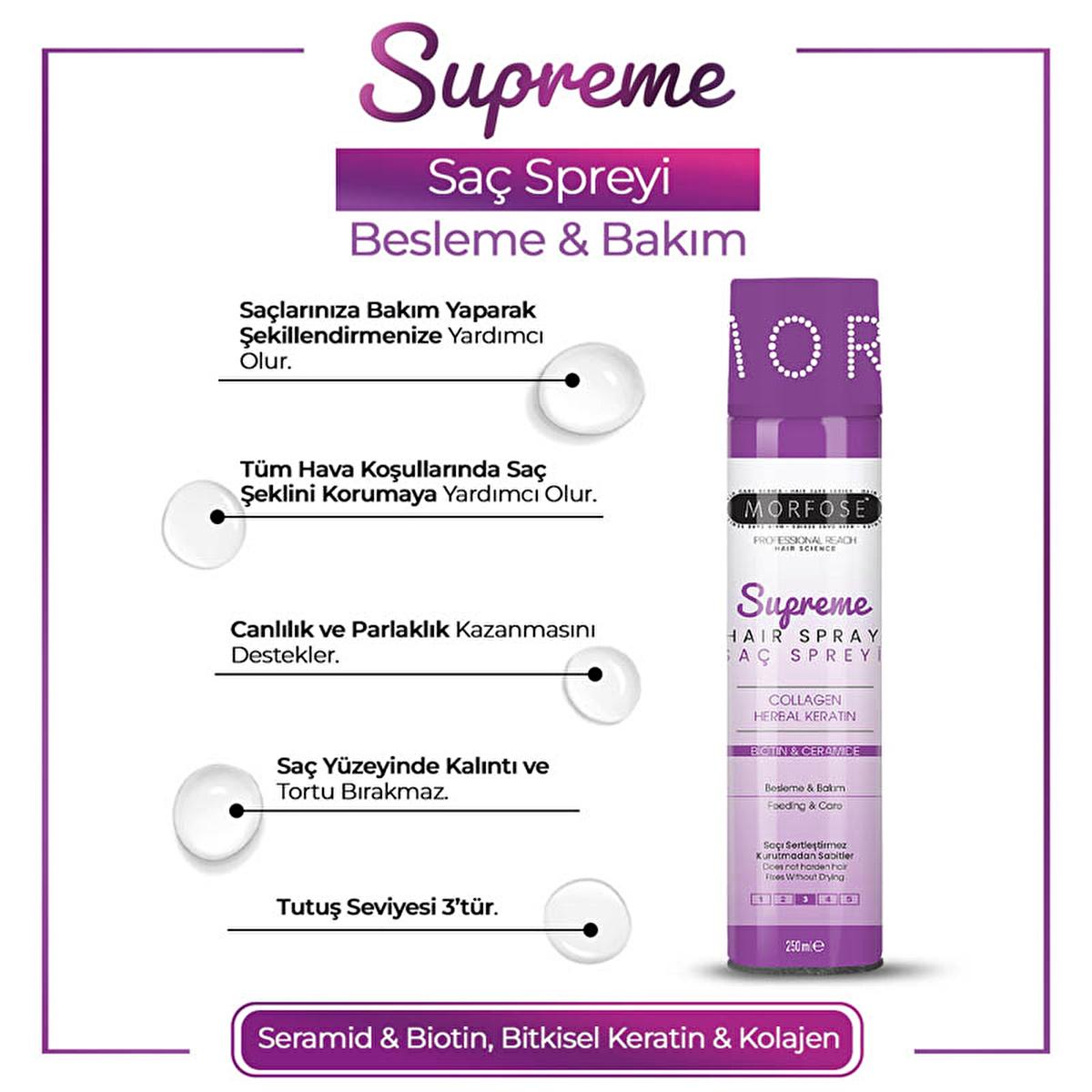 Morfose Supreme Hair Spray 250ml - Strong Hold Styling with Ceramide, Biotin & Keratin Morfose Supreme Hair Spray - Strong Hold with Ceramide & Biotin Hair Spray, Strong Hold Styling Product, Nourishing Hair Care, Ceramide Hair Spray, Biotin Hair Spray, Keratin Hair Spray, Hair Styling, Hair Care, Morfose, Supreme Hair Spray, 250ml, Styling Products, Hair Products, Ceramide, Biotin, Keratin, Healthy Hair, Hair Vitality, Shine, Quick Styling, No Residue, All Hair Types