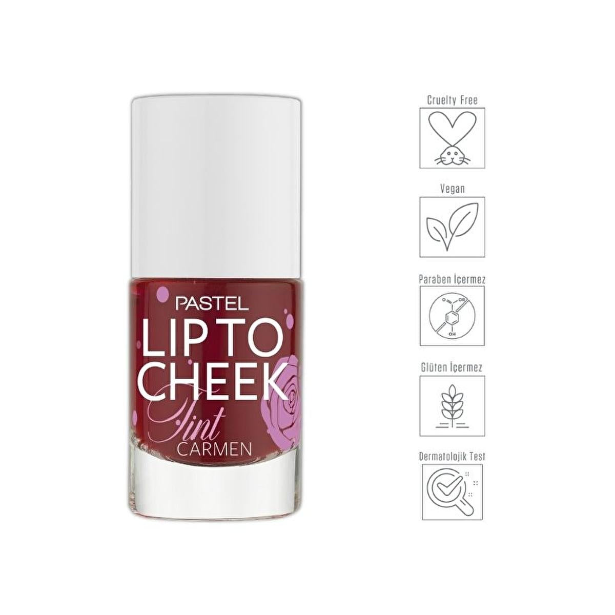 pastel lip to cheek tint carmen, pastel lip to cheek tint applied on lips, pastel lip to cheek tint applied on cheeks, packaging of pastel lip to cheek tint Pastel Lip To Cheek Tint Carmen - Multi-Functional Tint for Lively Lips & Cheeks | 0.32 fl. oz. Pastel Lip To Cheek Tint Carmen - Multi-Functional Tint pastel, lip-tint, cheek-tint, vegan-cosmetics, cruelty-free, multifunctional, hyaluronic-acid, natural-beauty, long-lasting, ai-generated