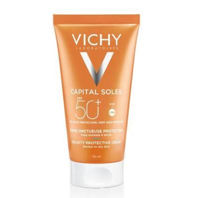 vichy capital soleil spf50 velvety sunscreen, vichy spf50 sunscreen bottle, vichy sunscreen texture application Vichy SPF50+ Velvety Sunscreen - Moisturizing Protection | 50ml Vichy SPF50+ Velvety Sunscreen - 50ml sunscreen, spf50, vichy, moisturizing, sensitive-skin, water-resistant, daily-skin-care, outdoor-activities, swimming, ai-generated