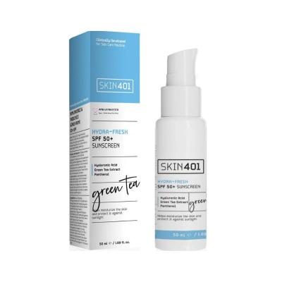Skin401 SPF50+ Hydra-Fresh Sunscreen: Vegan, Cruelty-Free Sun Protection with Green Tea, Aloe & Hyaluronic Acid for All Skin Types - 50ml Skin401 SPF50+ Vegan Sunscreen - Hydrating & Cruelty-Free SPF50+ Sunscreen, Hydrating Sunscreen, Vegan Sunscreen, Green Tea Sunscreen, Sun protection for all skin types, Cruelty-free sunscreen, Moisturizing sunscreen, Facial Sunscreen, Aloe Vera Sunscreen, Hyaluronic Acid Sunscreen, Sunscreen, SPF 50+, Hydra-Fresh, Green Tea Extract, Aloe Vera, Hyaluronic Acid, Panthenol,