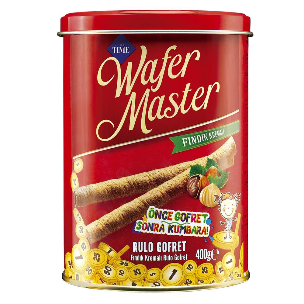 Wafer Master Hazelnut Cream Wafer Rolls in Piggy Bank Tin 400g