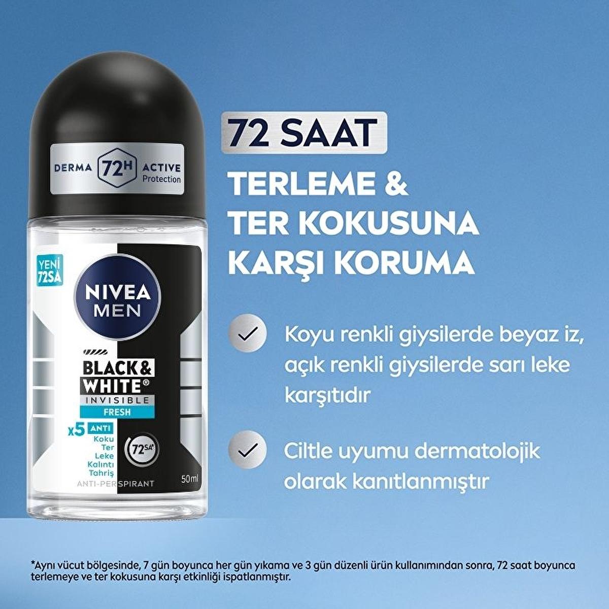 Nivea Men Black & White Invisible Fresh Deodorant Roll-On - Long Lasting Anti-Perspirant Protection for Men, 72 Hours Sweat & Odor Control, Anti-Stain, Dermatologically Tested Nivea Men Deodorant Roll-On - 72hr Anti-Perspirant Protection Nivea Men Deodorant, Black & White Invisible Fresh Deodorant, Long-lasting anti-perspirant for men, Deodorant for sensitive skin, Anti-stain deodorant, Men's grooming, Personal care, Roll-On Deodorant, 72-hour protection, Derma Active Protection, X5 Anti Formula, Ethanol-fr