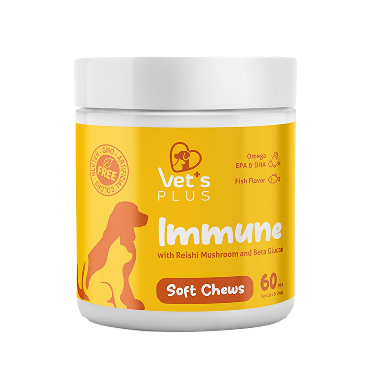 Vet's Plus Immune System Support Chewable Tablets for Dogs and Cats - Natural, Gluten-Free, and GMO-Free Supplement Vet's Plus Immune Support Chewable Tablets for Pets immune system support for pets, chewable tablets for dogs and cats, natural pet supplements, gluten-free pet products, GMP certified pet food, pet health, immune health, natural ingredients, Beta Glukan, Pomegranate, Reishi Mushroom, Quinoa, Aspir Oil, pet wellness, healthy pets
