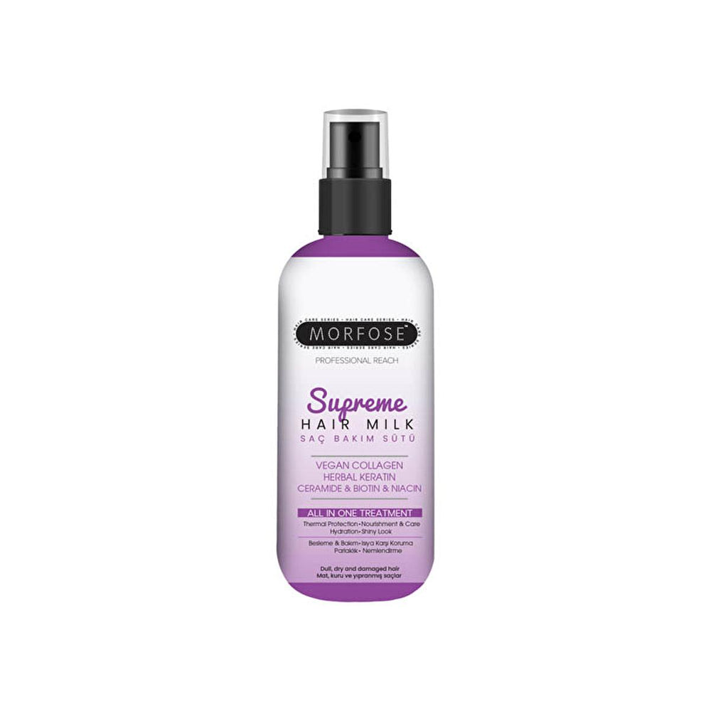 Morfose Supreme Hair Care Milk - Vegan Collagen & Herbal Keratin Hair Treatment, Lightweight Hydration & Heat Protection - 10.14 fl oz Morfose Hair Care Milk - Vegan Hair Treatment & Heat Protection hair care product, hair treatment, hair serum, hair milk, vegan hair care, hair repair, heat protectant, damaged hair treatment, hair strengthening treatment, hair moisturizing treatment, hair care, vegan, cruelty-free, hair health, split ends, breakage, dry hair, vegan collagen, herbal keratin, ceramide, heat p