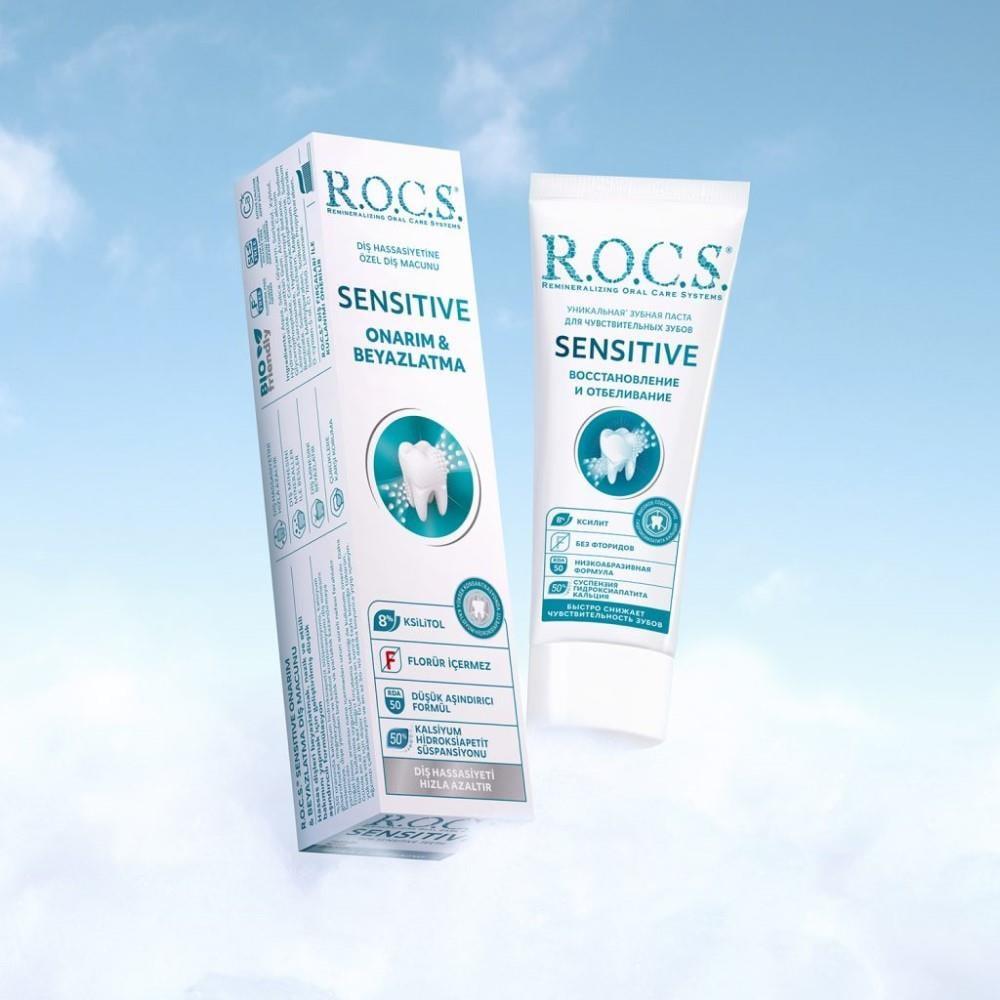 rocs sensitive repair whitening toothpaste, front view of rocs toothpaste tube, back view of rocs sensitive repair toothpaste R.O.C.S. Sensitive Repair & Whitening Toothpaste - 75 ml ROCS Sensitive Repair & Whitening Toothpaste | 75 ml rocs, sensitive-toothpaste, tooth-whitening, oral-care, sensitive-teeth, adult-toothpaste, natural-toothpaste, remineralizing, sensitive-teeth-sufferers, ai-generated