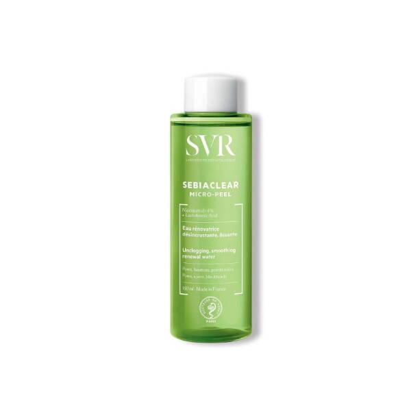 svr sebiachlear micro-peel renewal water 150ml bottle, application of svr sebia clear water on skin SVR Sebiaclear Micro-Peel Smoothing Renewal Water | 150ml SVR Sebiaclear Micro-Peel Water | Smoothing & Renewing sebiaclear, smoothing-renewal-water, facial-care, teenagers, adults, exfoliating-water, hydrating-solution, cleansing-water, ai-generated, skin-care