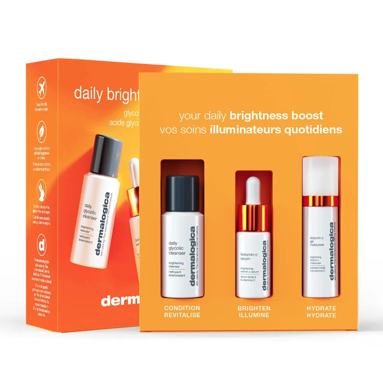 Dr. Dennis Gross Skincare Daily Brightness Boosters Kit - 3-Step Brightening Skincare Regimen with Glycolic Acid, Vitamin C & Hyaluronic Acid for Glowing Skin Daily Brightness Boosters Kit - Brightening Skincare with Glycolic Acid & Vitamin C Skincare brightening kit, Glycolic acid skincare, Vitamin C serum, Hyaluronic acid moisturizer, Vegan skincare products, Cruelty-free skincare, Gluten-free skincare, Brightening skincare routine, Skincare for dryness, Skincare for fine lines, Anti-aging skincare, Skinc