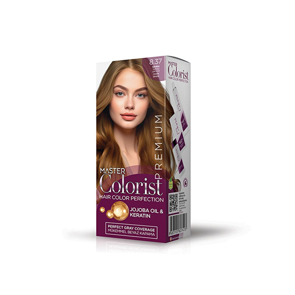 Master Colorist Sahra 8.37: Premium Hair Dye for Lasting Color, Gray Coverage & Nourishment with Jojoba Oil & Keratin Mask Master Colorist Sahra: Permanent Hair Dye & Gray Coverage hair dye, permanent hair color, gray coverage hair dye, jojoba oil hair dye, keratin hair mask, Sahra hair dye, Master Colorist hair dye, hair coloring, at home hair color, hair dye with conditioner, hair color, hair colorant, permanent color, gray coverage, hair nourishment, jojoba oil, keratin, at-home hair dye, women's hair dy