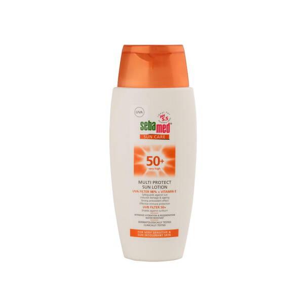 sebamed sun lotion spf 50+ bottle front view, application of sebamed sun lotion on skin, sebamed sun lotion packaging Sebamed Sun Lotion SPF 50+ - High Protection | 150ml Sebamed Sun Lotion SPF 50+ | 150ml sebamed, sun-lotion, spf-50, skin-protection, uv-filter, outdoor-sunscreen, non-greasy, vitamin-e, provitamin-b5, ai-generated