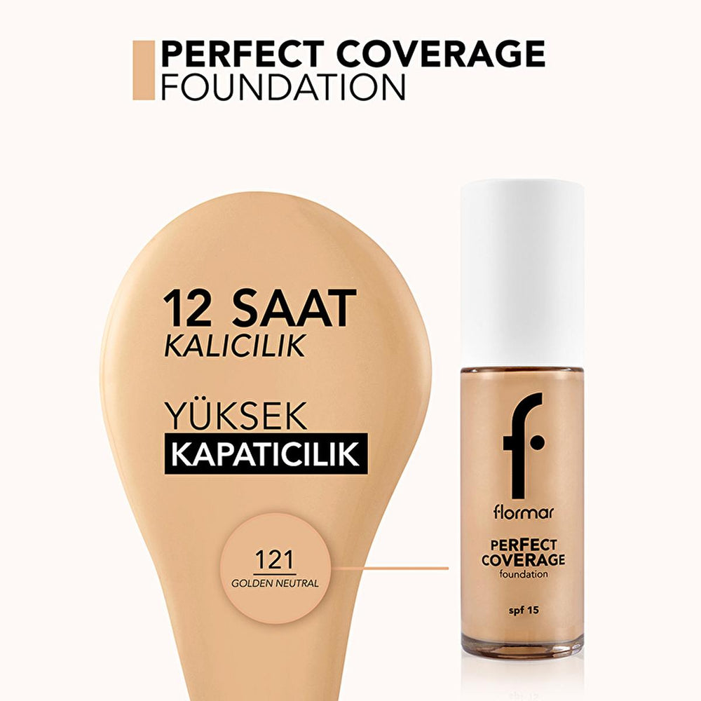 Flormar Perfect Coverage Foundation 121 Golden Neutral - Long-Lasting, SPF 15 Foundation for All Skin Types - view 5