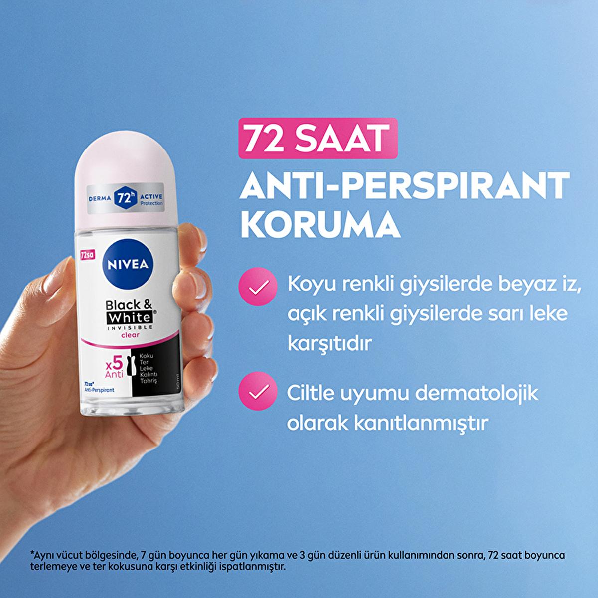 Nivea Women's Roll-On Deodorant Black & White Invisible Clear - Long Lasting Anti-Perspirant Protection Nivea Roll-On Deodorant for Women - 72hr Protection Nivea Women's Deodorant, Roll-On Deodorant, Anti-perspirant Deodorant, Long-lasting Deodorant for Women, Dermatologically Approved Deodorant, Women's Personal Care, Anti-Perspirant Protection, Sweat Stain Prevention, Gentle Deodorant, Sensitive Skin Deodorant