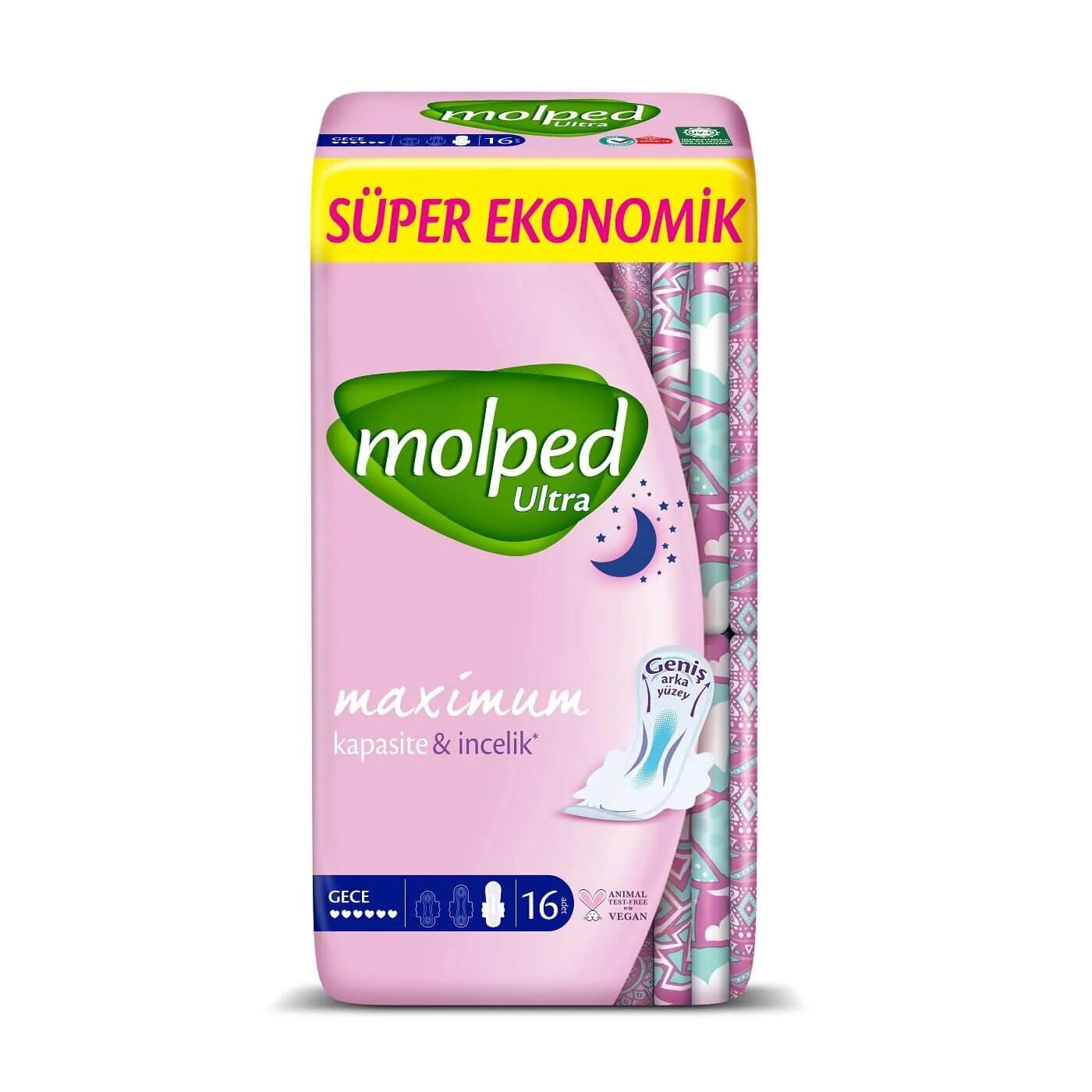 Molped Ultra Night Sanitary Pads with Leakage Guard 16 Count