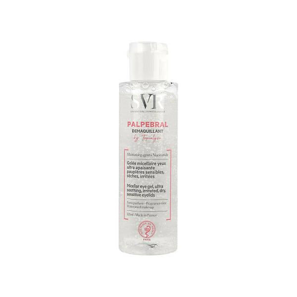 svr eye gel micellar makeup remover 125ml bottle, close up of svr eye gel product SVR Palpebral Demaquillant Micellar Eye Gel - Gentle Makeup Remover | 125ml SVR Eye Gel - Gentle Makeup Remover | 125ml svr, eye-gel, makeup-remover, micellar-water, sensitive-skin, eye-care, gentle-cleansing, hydrating, waterproof-makeup-remover, ai-generated